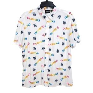 Polaroid Short Sleeve Button Up Shirt Mens Large White Camera Logo Rainbow Print